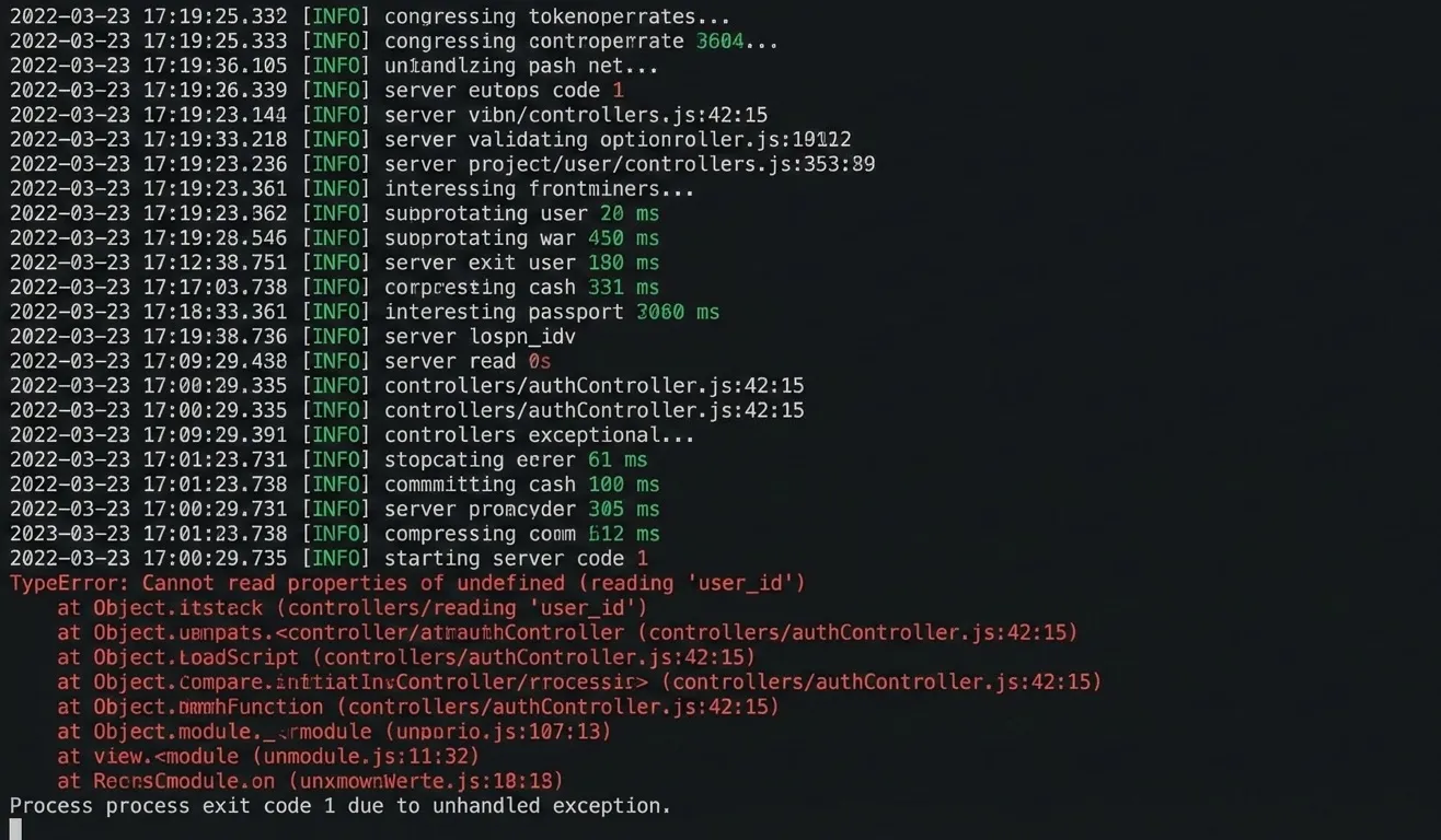 A terminal full of INFO log lines ending in a TypeError: Cannot read properties of undefined (reading 'user_id') with a stack trace, and the process exiting with code 1.